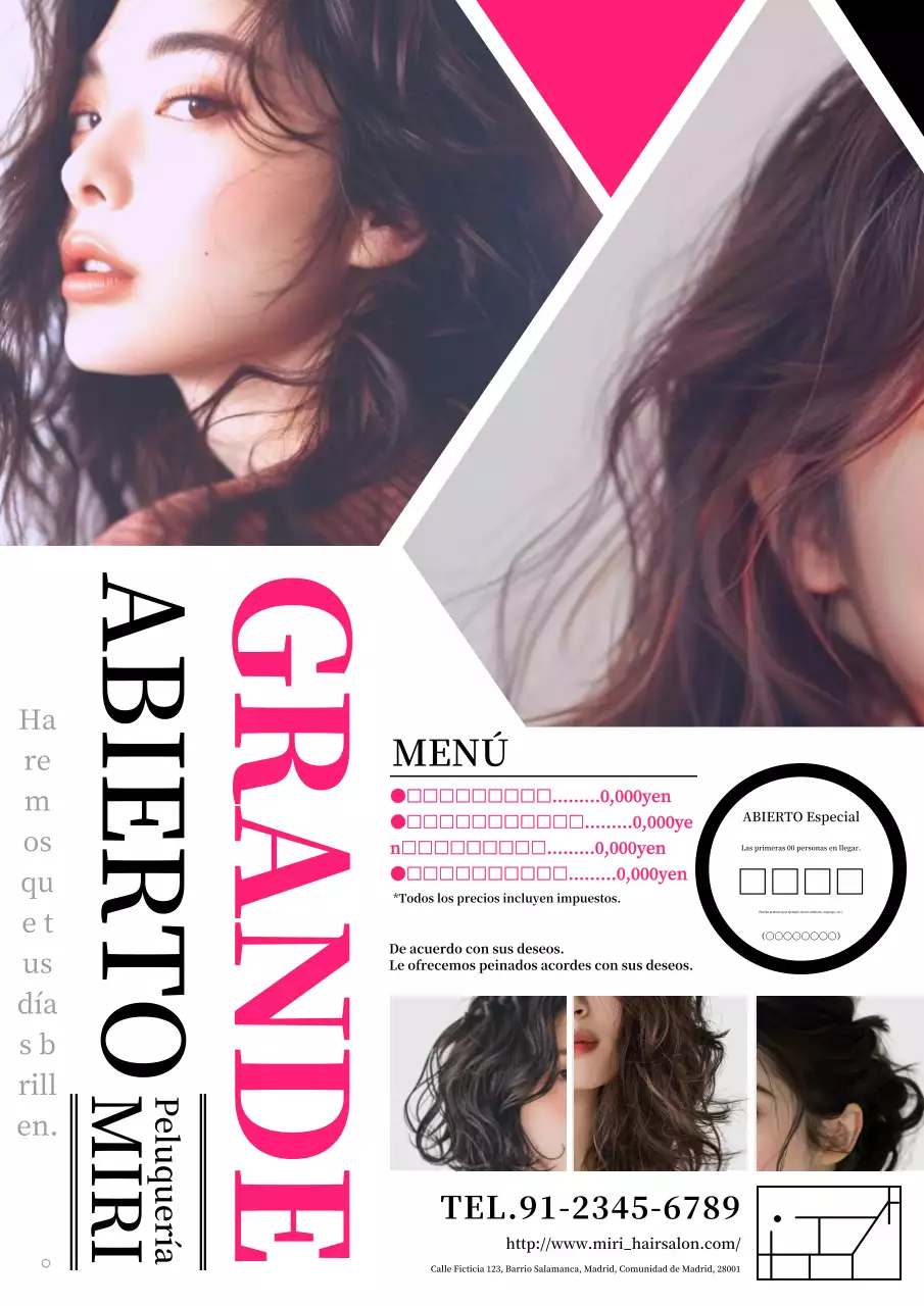 Un anuncio de peluquería moderno y elegante en rosa intenso y blanco y negro.