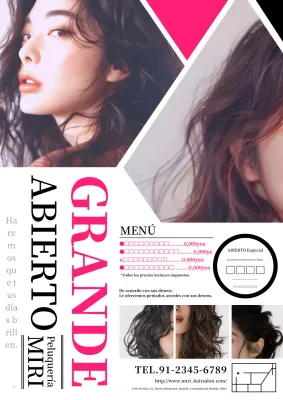 Un anuncio de peluquería moderno y elegante en rosa intenso y blanco y negro.