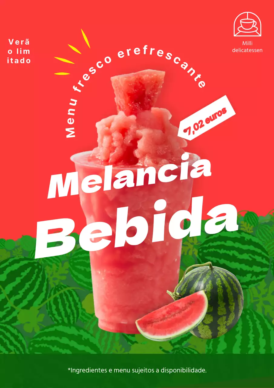 Anúncios de bebidas de melancia sazonais de verão tropicais vermelhas e verdes para um novo menu