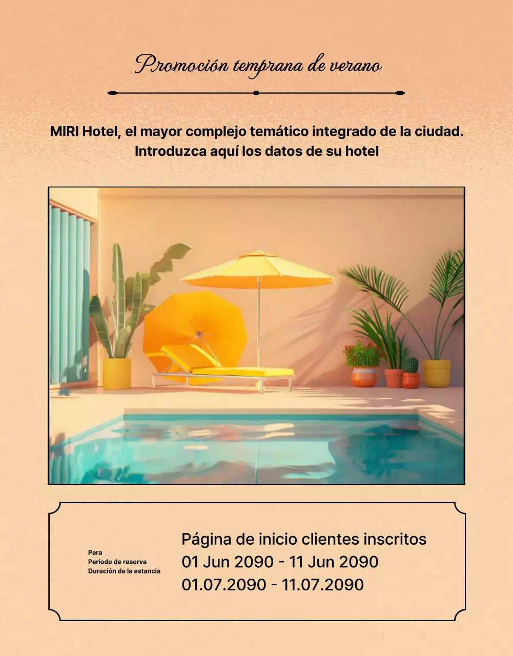 Kitschy anuncio de ofertas hoteleras de verano en naranja y azul