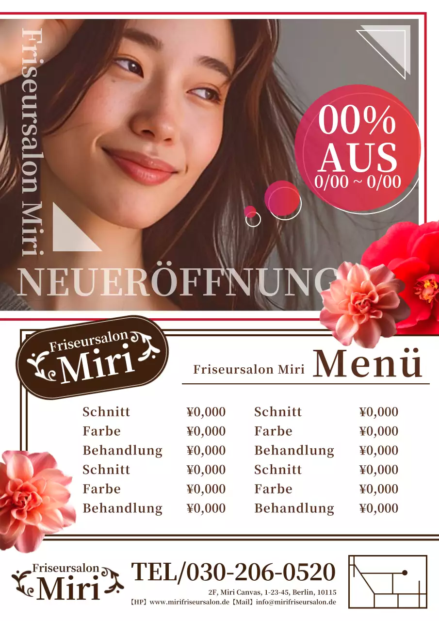 Schlanke und stilvolle Friseurwerbung in Rot und Weiß