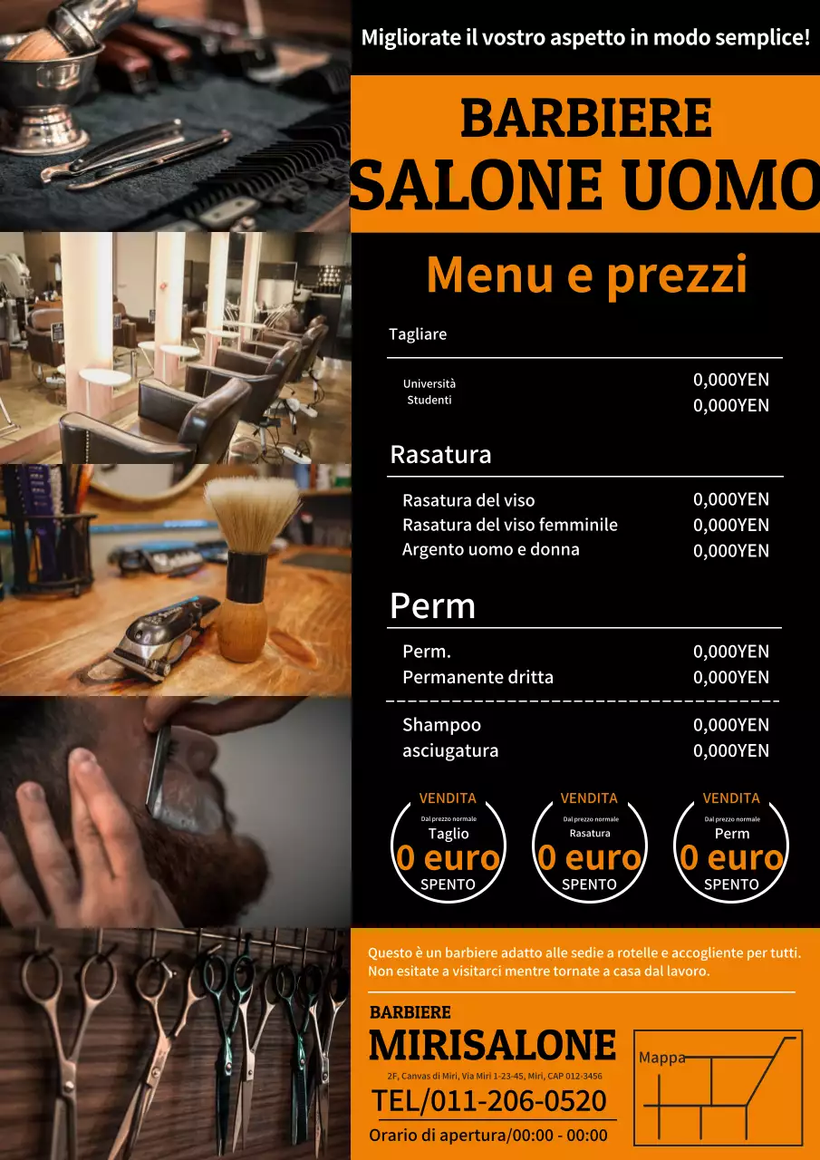 Una pubblicità semplice e moderna per un negozio di barbiere da uomo in arancione e nero.