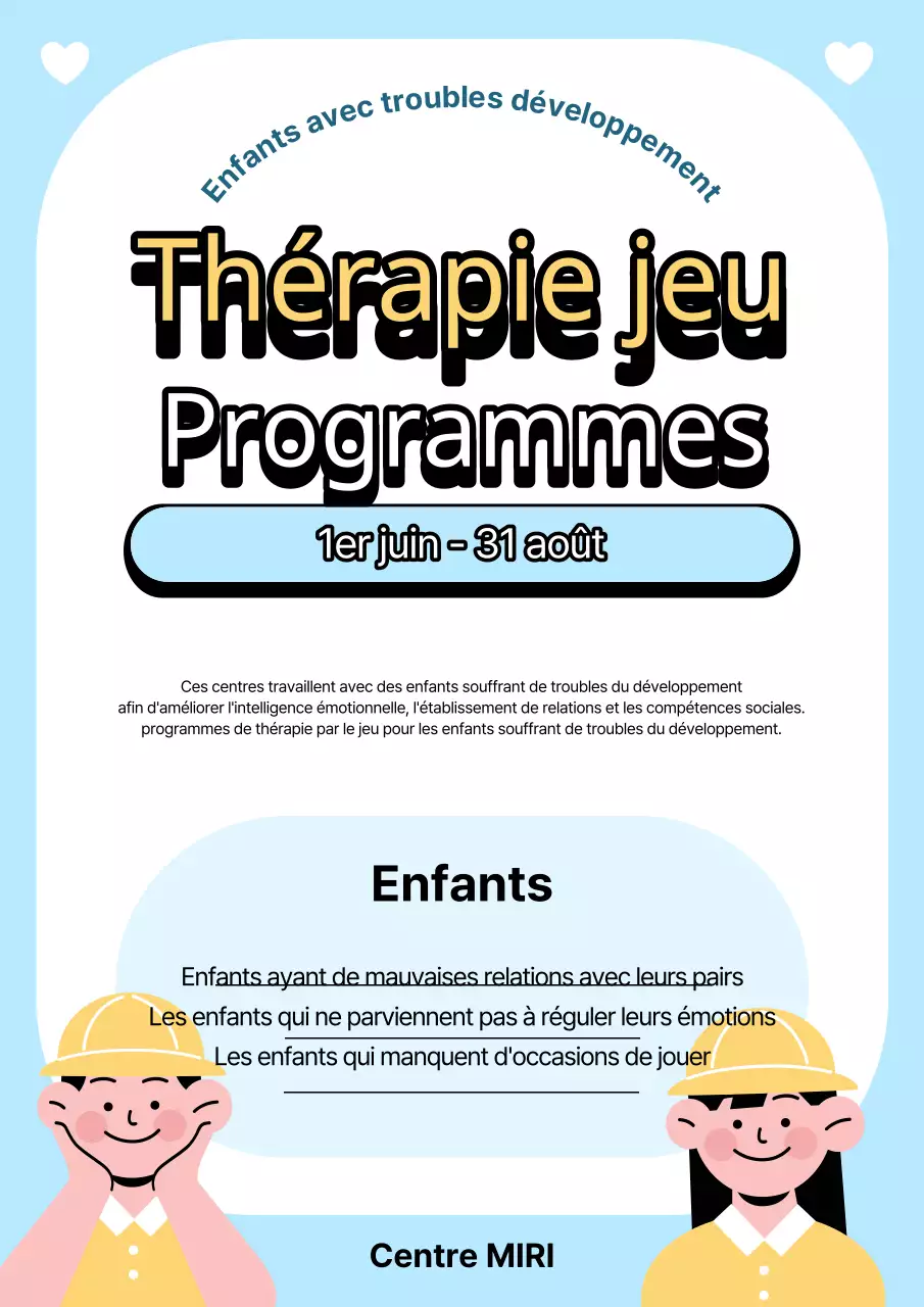 Annonce d'un programme de thérapie par le jeu simple, jaune et bleu clair