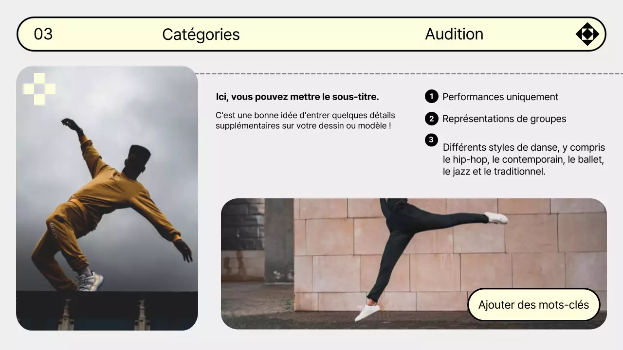 Faites la promotion de votre audition de danse dans des tons gris et jaunes très tendance.