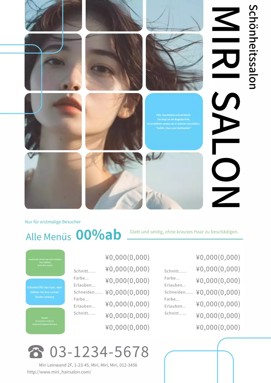 Einfache und moderne Werbung für einen Friseursalon in Weiß und Blau