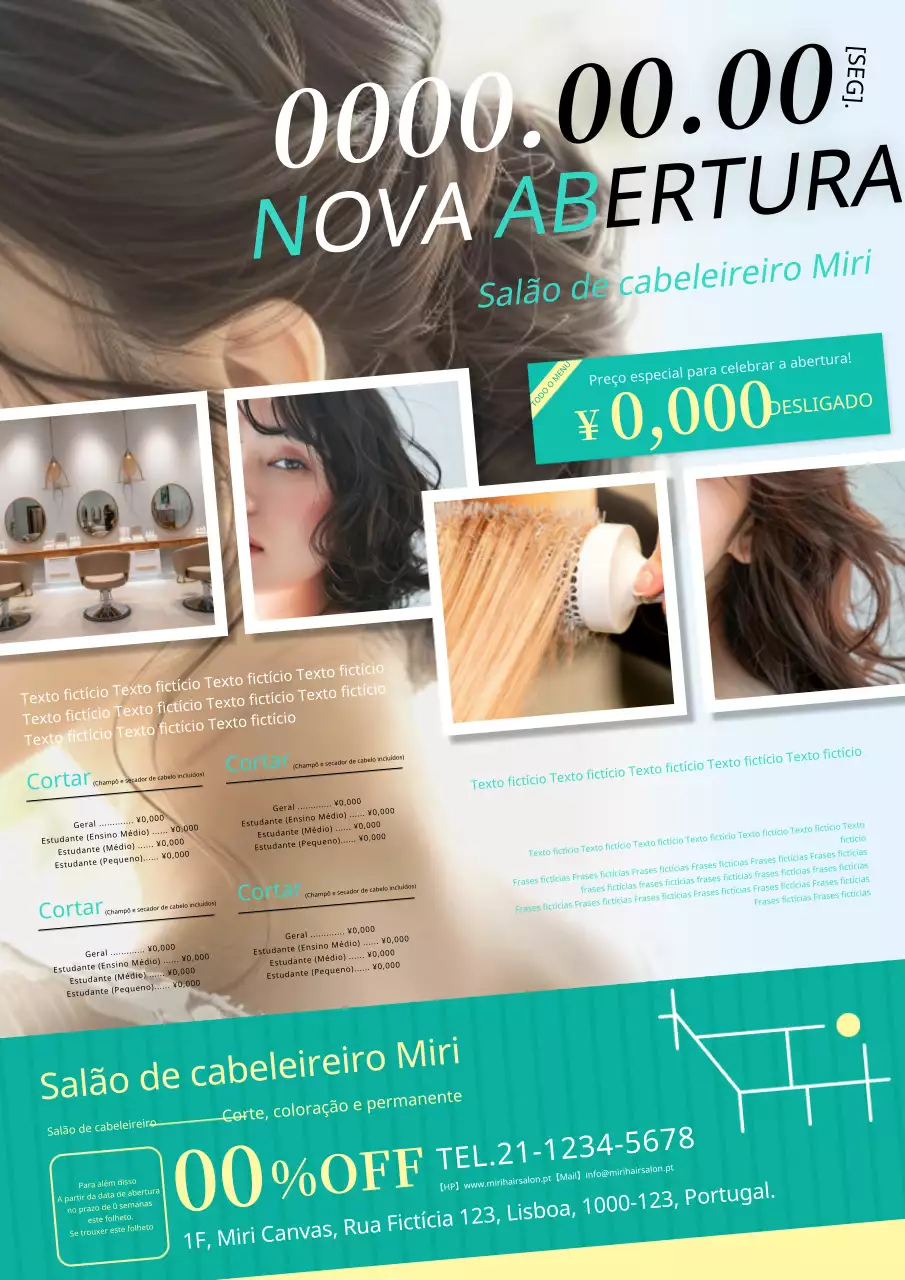 Um anúncio de um salão de cabeleireiro decorado em amarelo e menta.