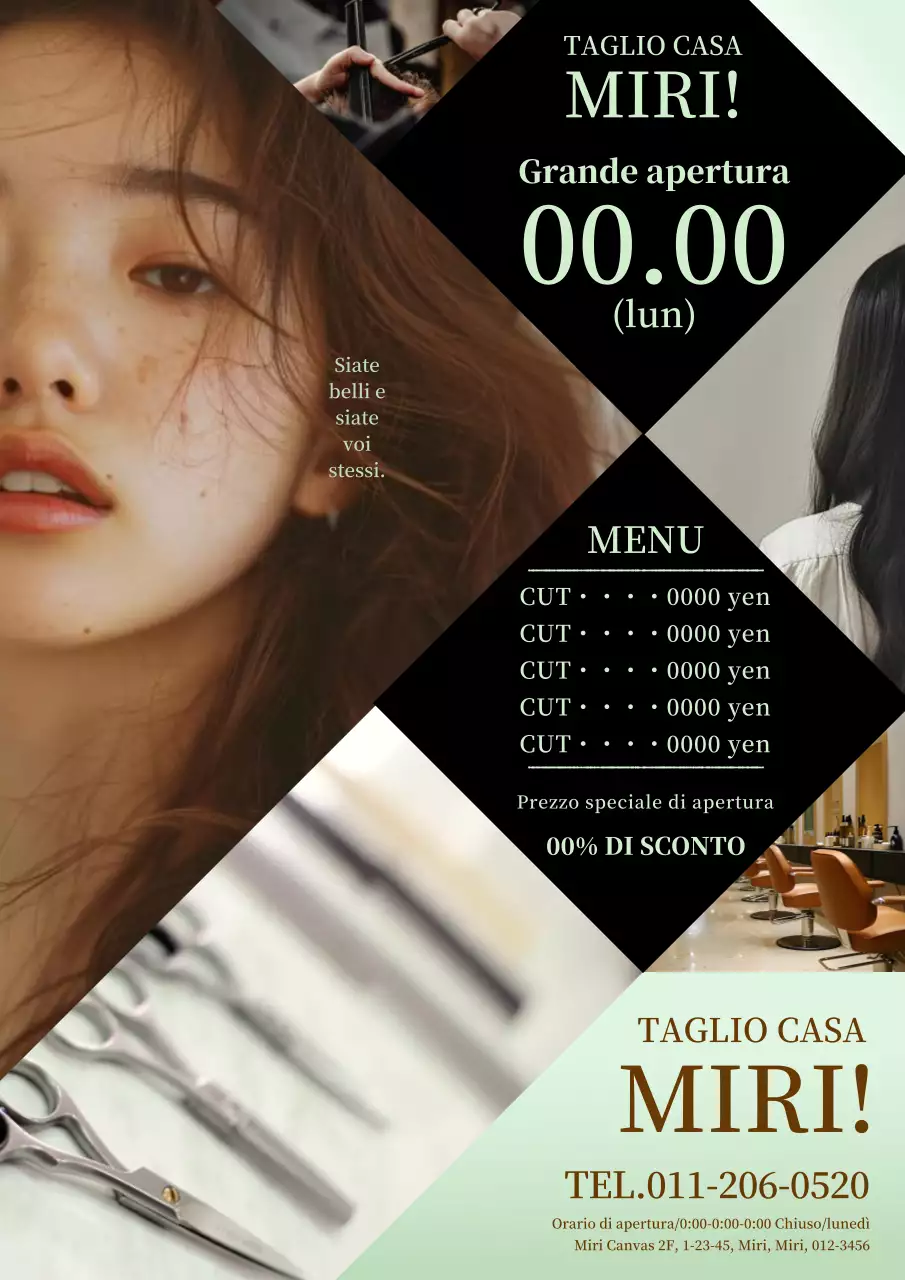 Pubblicità elegante e moderna per un salone di parrucchieri in menta e nero