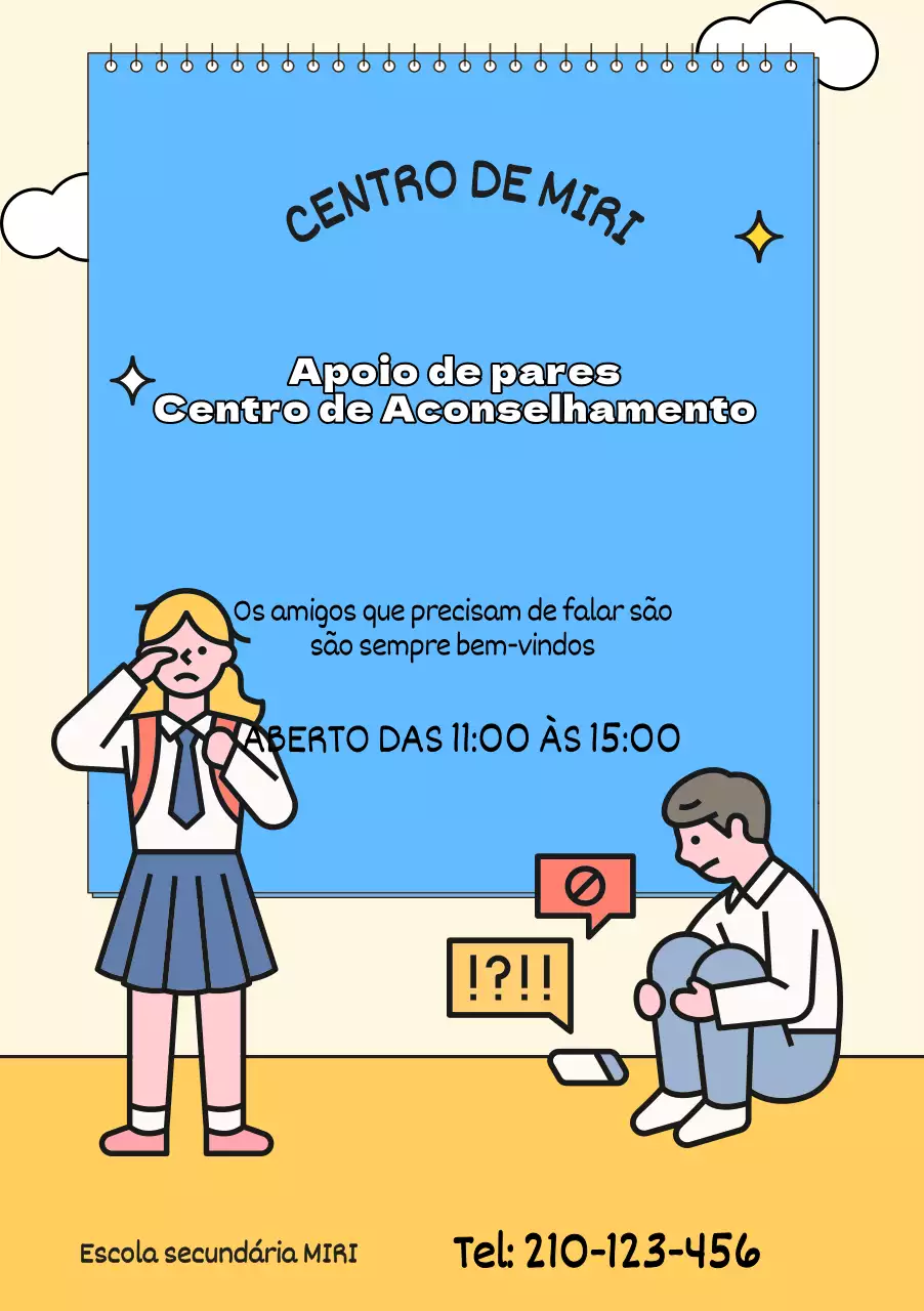 Para promoção do centro de aconselhamento com ilustrações azuis e amarelas de estudantes