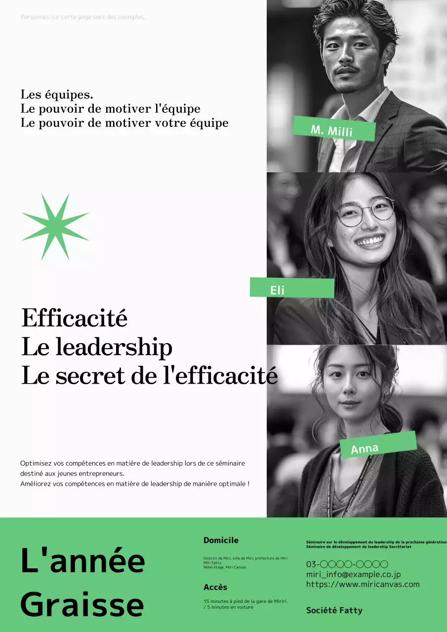 Une publicité moderne en vert et noir pour un séminaire sur la promotion de la prochaine génération de dirigeants.