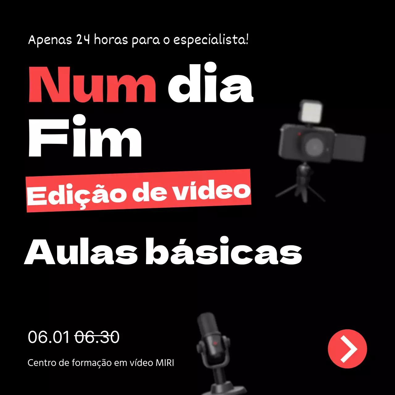 Promover uma aula simples de auto-aperfeiçoamento em edição de vídeo a vermelho e preto