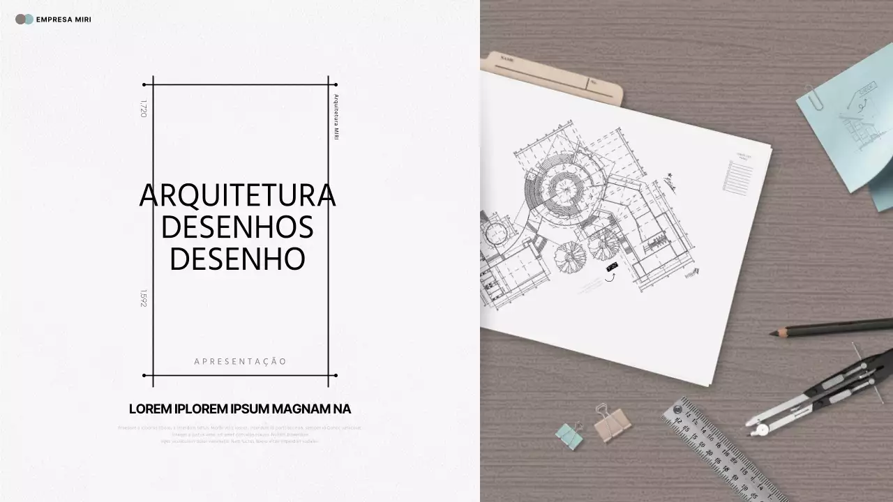 Relatório de arquitetura moderna e projeto em bege e azul claro