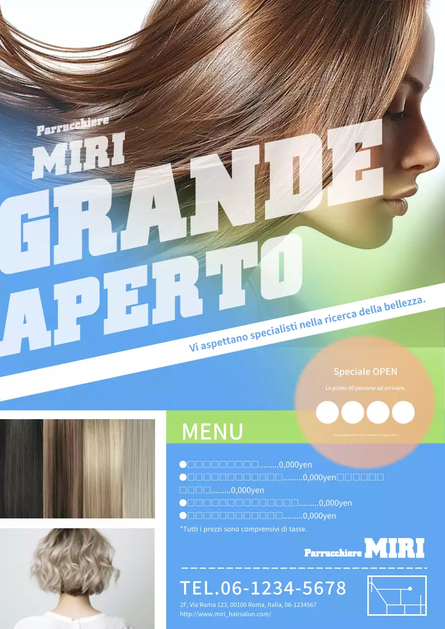 Una pubblicità moderna, pop e contemporanea per un salone di parrucchieri con una combinazione di colori blu e verde.