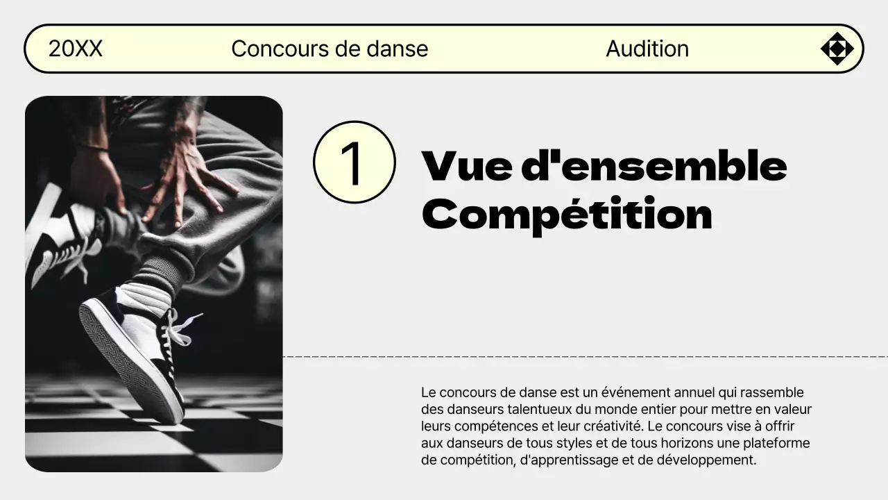 Faites la promotion de votre audition de danse dans des tons gris et jaunes très tendance.