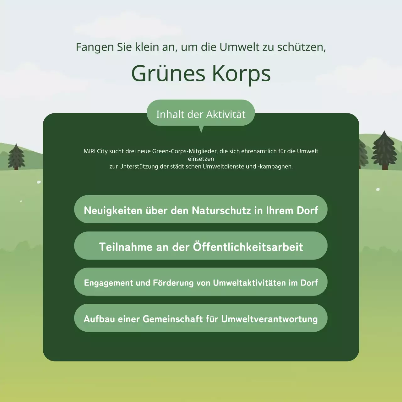 Eine einfache grün-weiße Beschreibung für die Einstellung von Studenten als Freiwillige