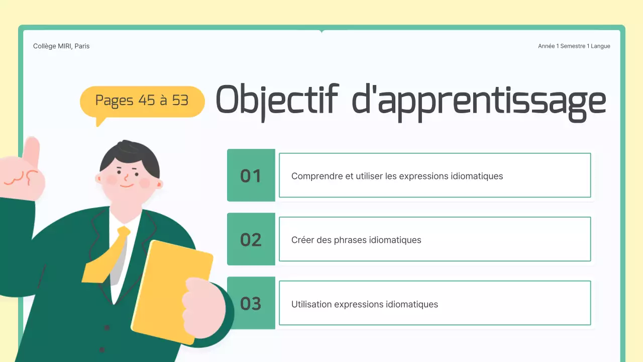 Leçon sur le concept du livre vert et jaune pour les expressions idiomatiques coréennes de l'école secondaire