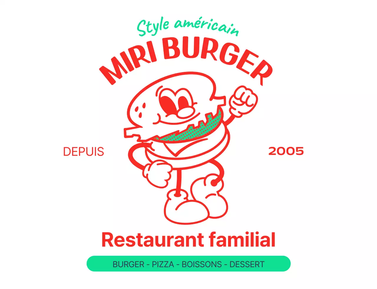 Logo avec un personnage de hamburger à l'américaine