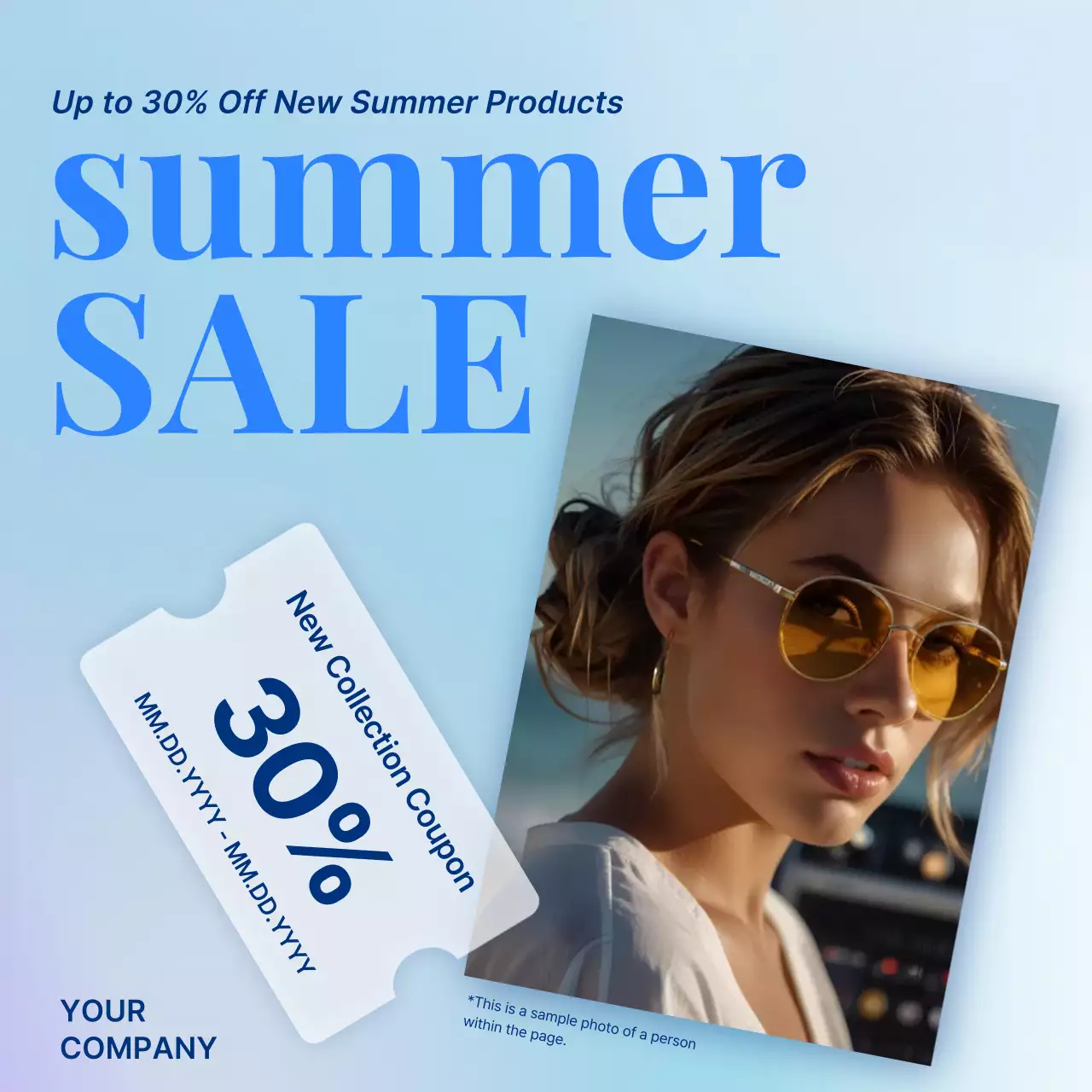 A kitschy summer sale ad in blue and light blue.