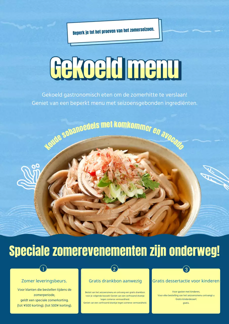Zomermenu flyer met blauwe en lichtblauwe accenten