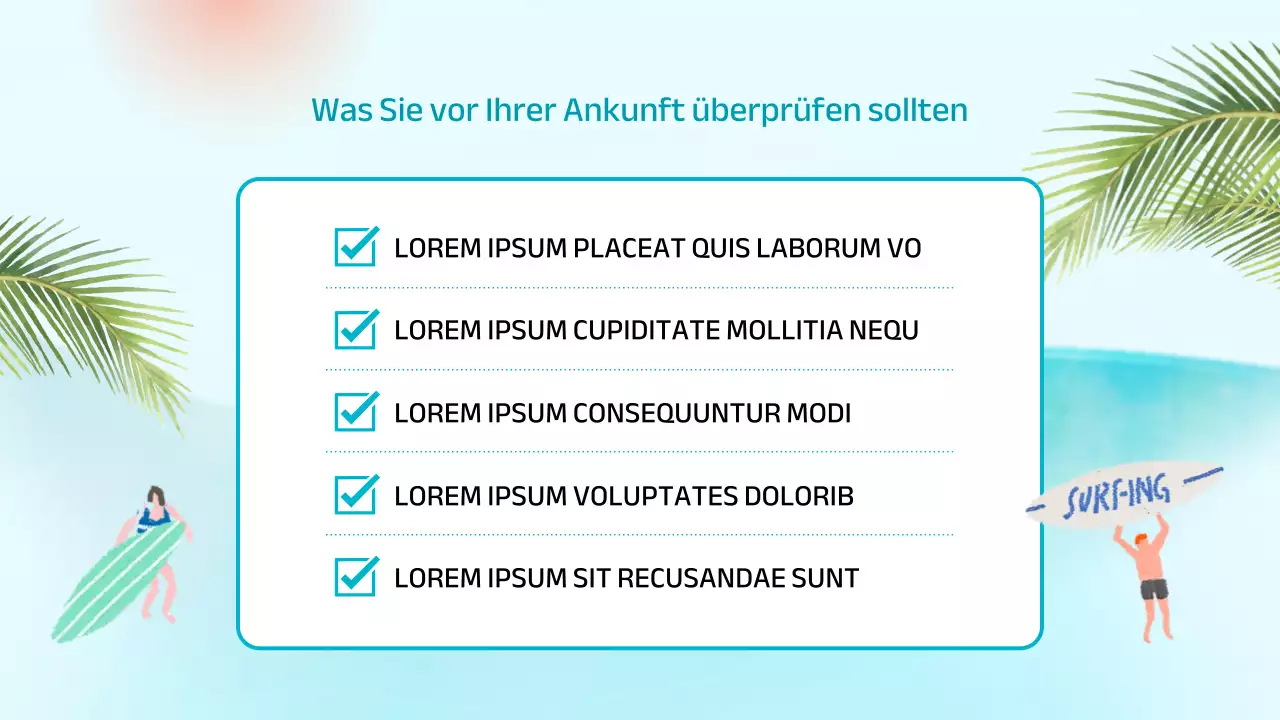 Ankündigung für die Einrichtung eines Surfshops mit tropischem Flair in Mint und Blau