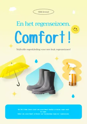 Reclame van leuke gele en lichtblauwe items voor het regenseizoen.