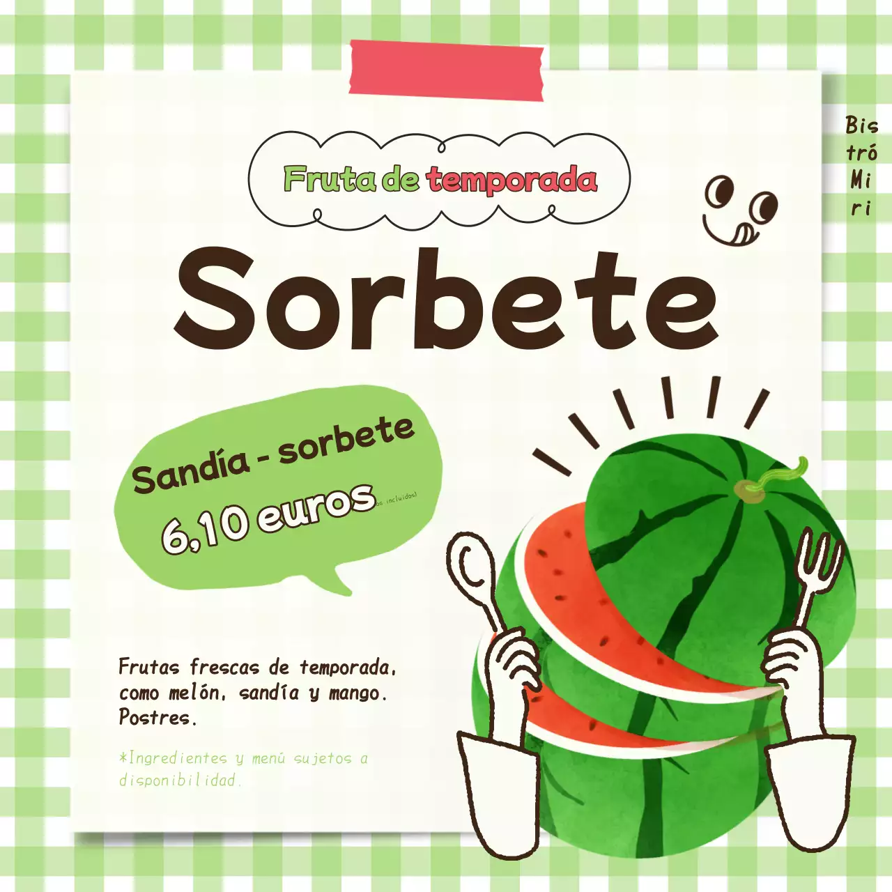 Amarillo-verde y rojo, promocionando los encantadores platos de temporada de verano.