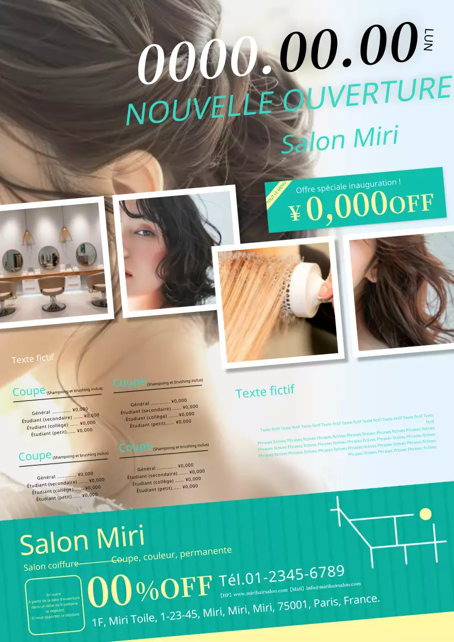 Une publicité pour un salon de coiffure décoré de jaune et de menthe.