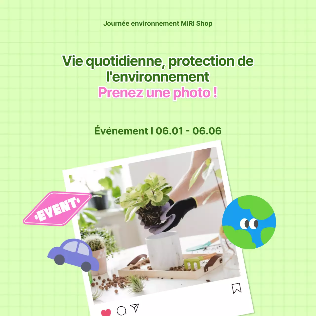 Promouvoir un mignon événement photo de la Journée de l'environnement en vert et rose