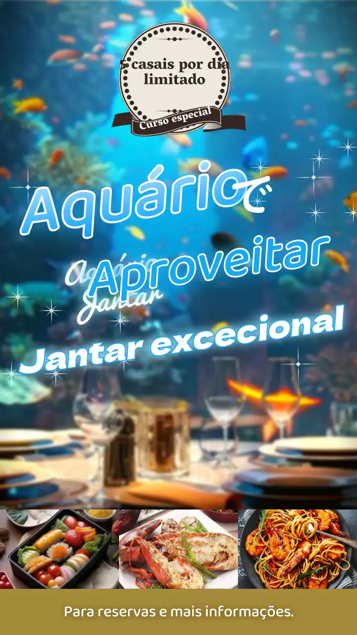 Aviso para atrair clientes para um jantar num aquário da moda em azul claro e dourado.