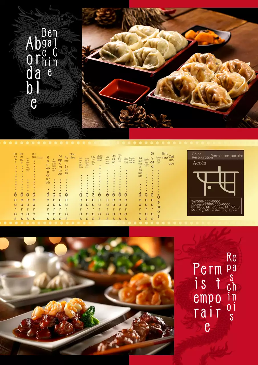 Panneau de menu pour un restaurant chinois avec illustration d'un dragon noir, rouge et or