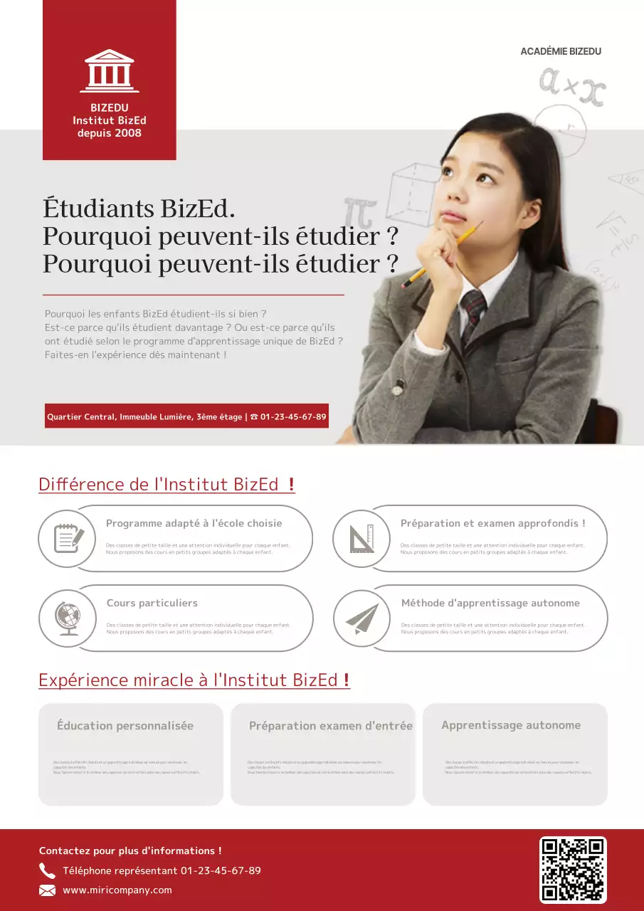 Décrivez et faites la promotion de votre école avec la photo d'une jeune fille réfléchie en rouge et gris.