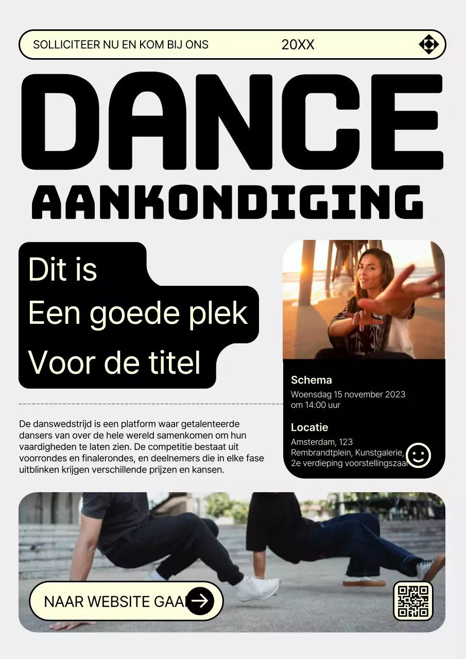 Trendy dansauditie advertentie in grijs en geel