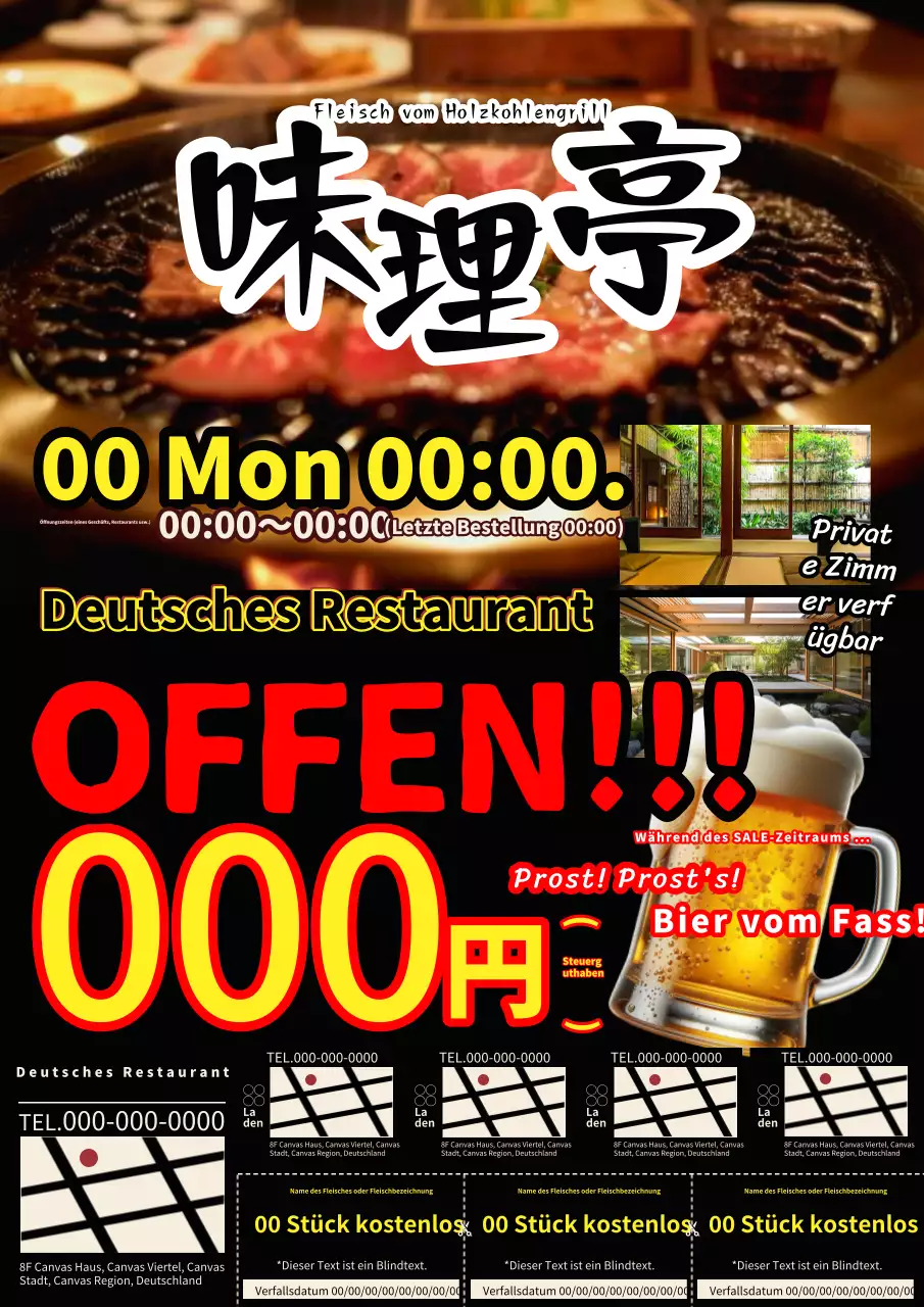 Werbung für einen Holzkohlegrill mit einer einfachen schwarzen Karte und einem Coupon.