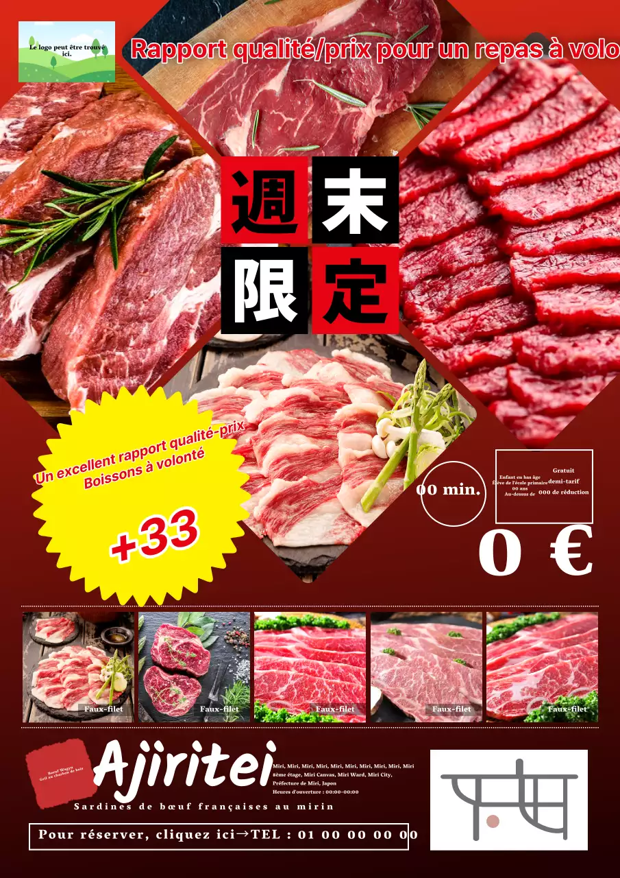 Prix de boucherie simple et annonce de repas à volonté en rouge