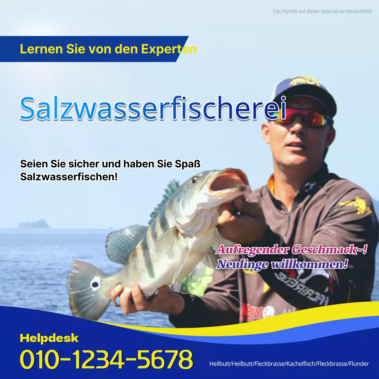 Kitschige gelbe und blaue Meeresfischerei-Werbung