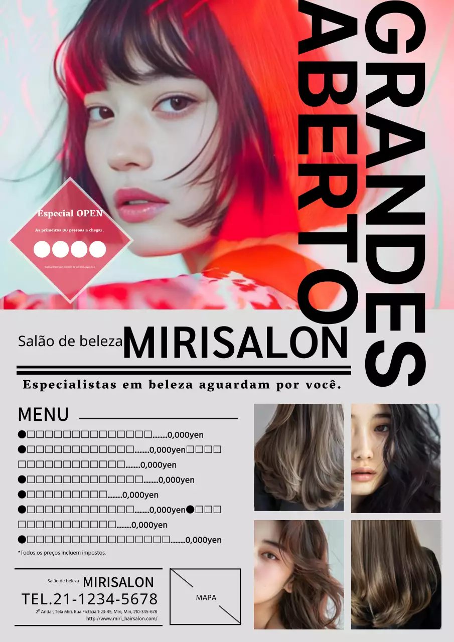 Anúncio de salão de cabeleireiro moderno e simples em vermelho e cinzento