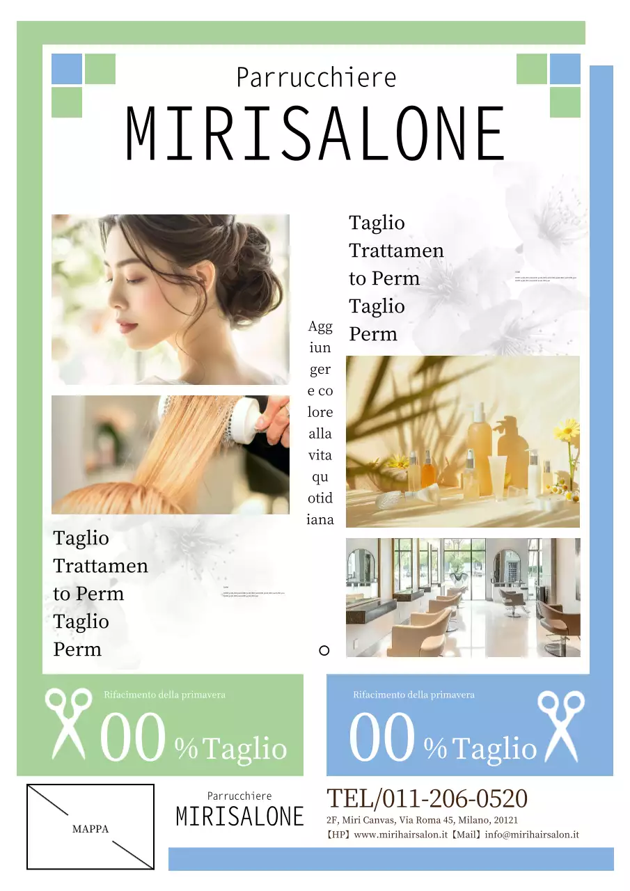 Pubblicità geometrica moderna di un salone di bellezza in verde e blu