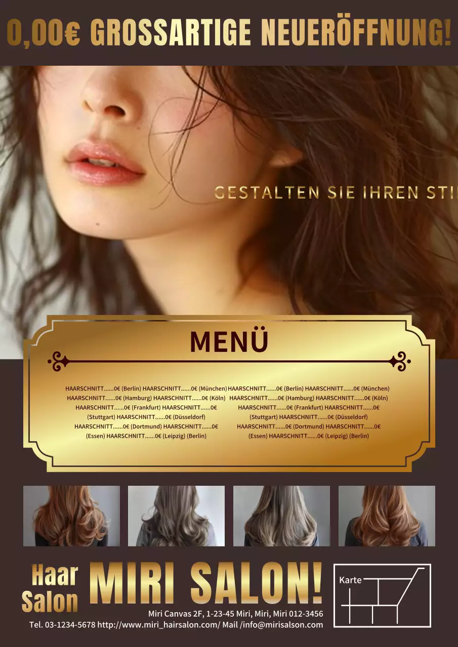 Schlanke und klassische Friseursalonwerbung in Braun und Gold