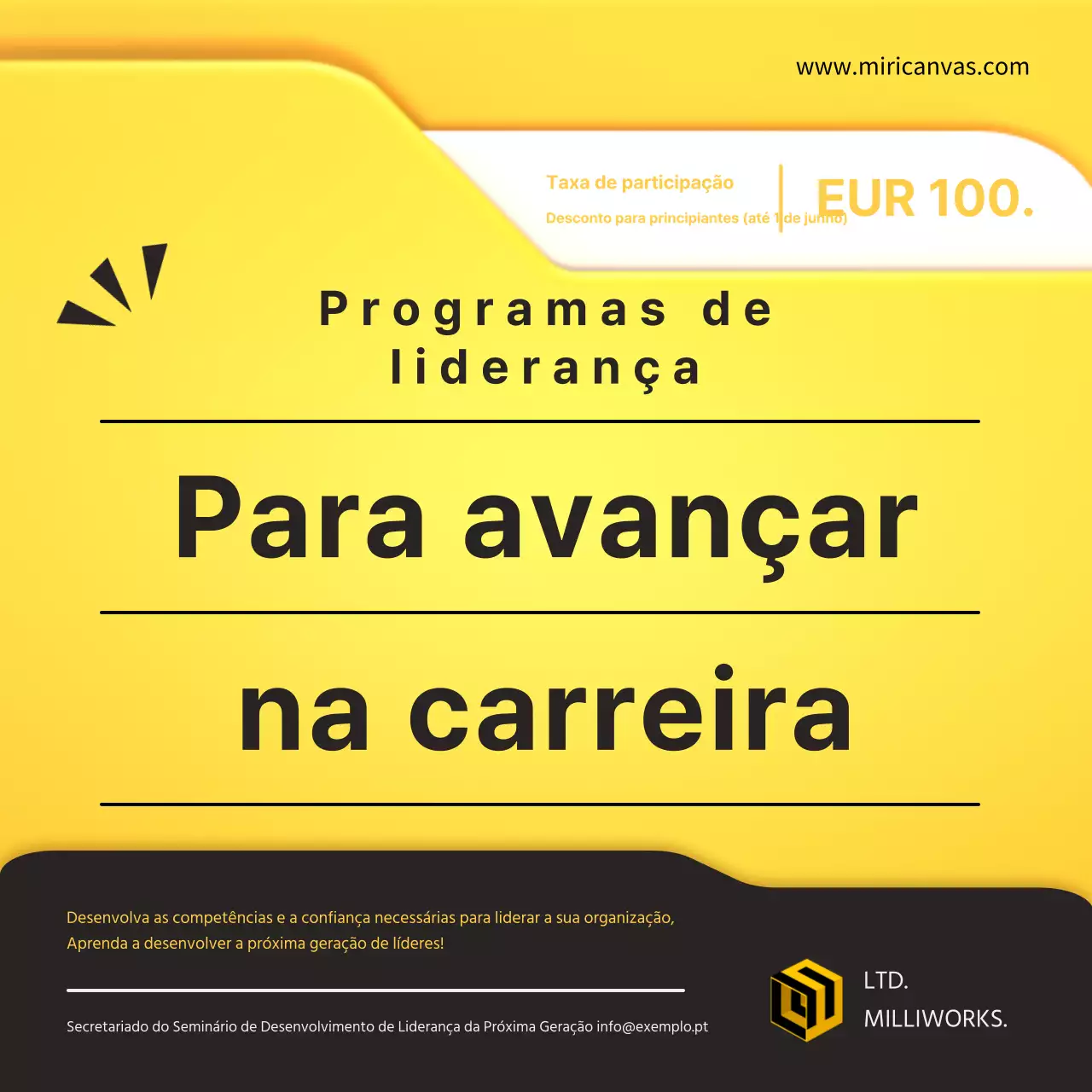 Promover um seminário de desenvolvimento de liderança na moda em amarelo e preto