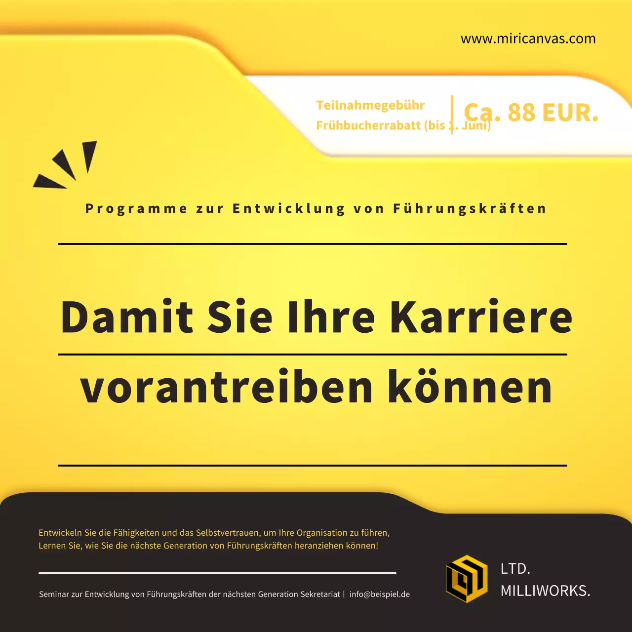 Werbung für ein trendiges Seminar zur Entwicklung von Führungskräften in Gelb und Schwarz