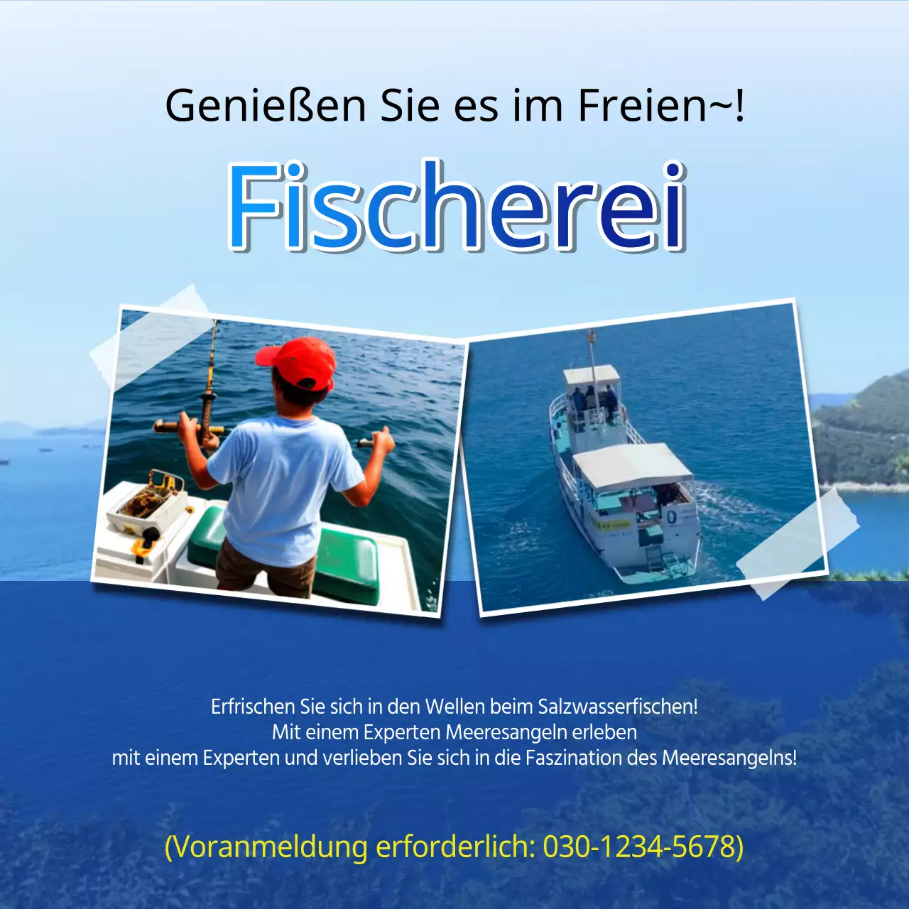 Kitschige gelbe und blaue Meeresfischerei-Werbung