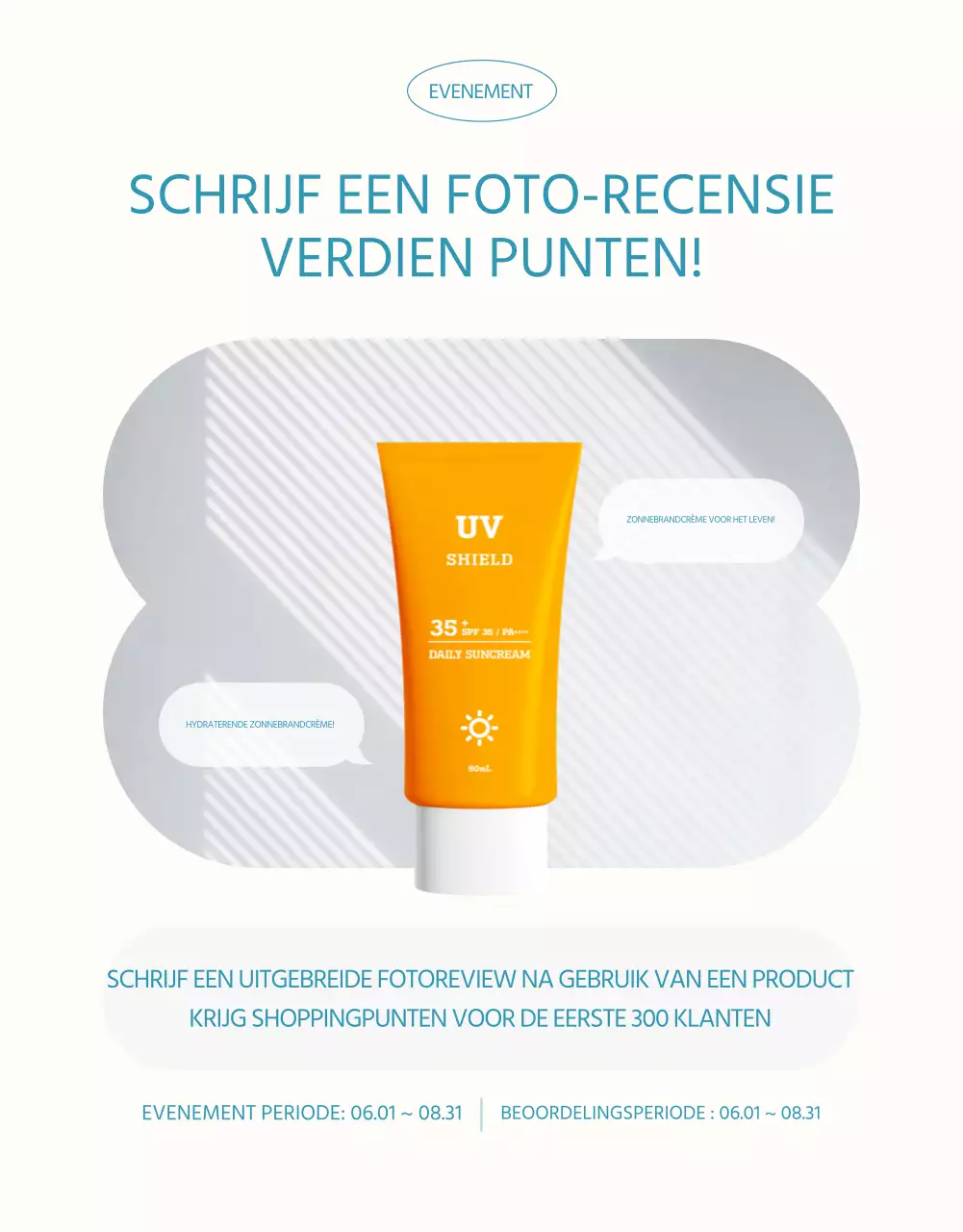 Een eenvoudige zonnebrandcrème in lichtblauw en oranje uitgelegd