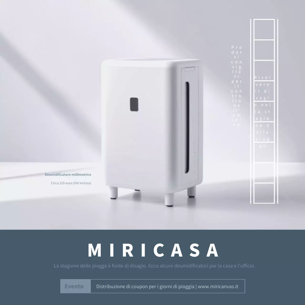 Pubblicità del deumidificatore bianco e indaco minimalista per la stagione delle piogge.