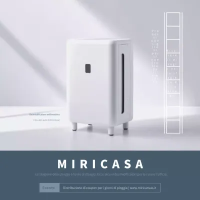 Pubblicità del deumidificatore bianco e indaco minimalista per la stagione delle piogge.