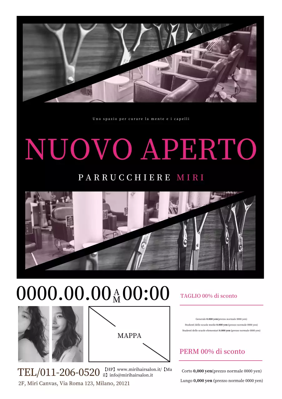 Pubblicità moderna e semplice per un salone di parrucchieri in rosa caldo e in bianco e nero.