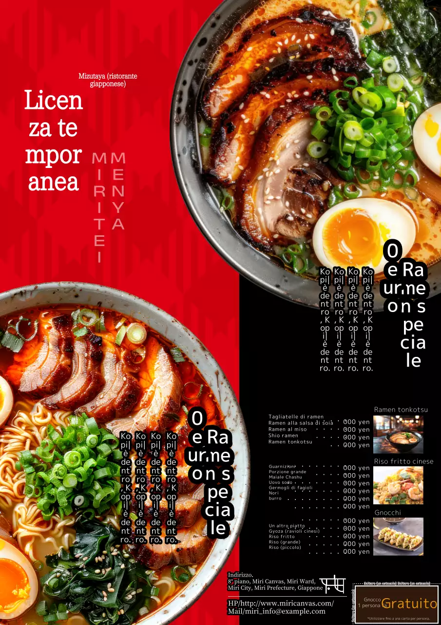 Pubblicità sul tabellone del menu del negozio di noodle con un semplice coupon rosso e nero