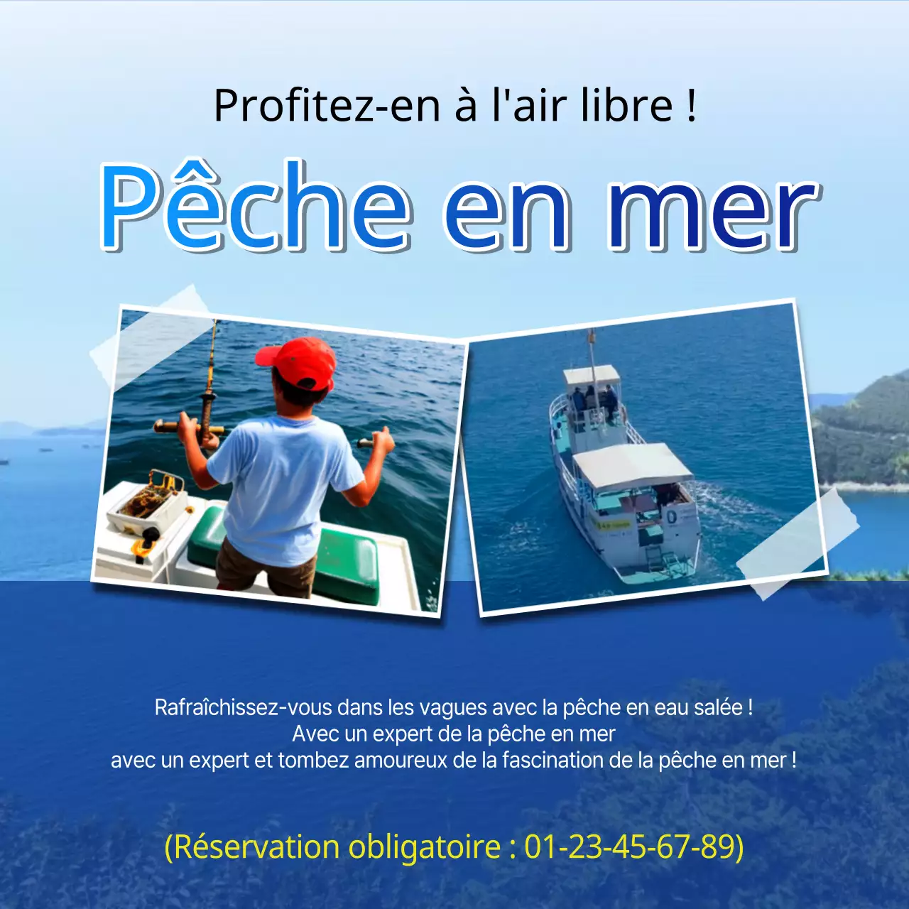Publicités kitsch jaunes et bleues pour la pêche en mer