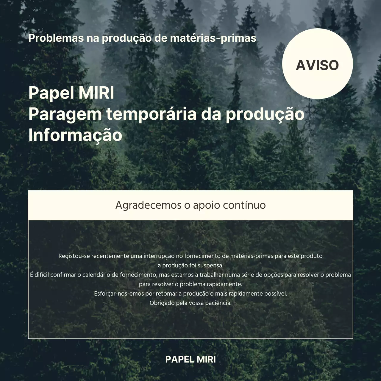 Aviso de interrupção da produção de matérias-primas de aspeto natural em verde e marfim