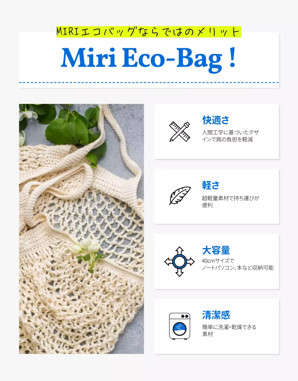 青 モダン エコバッグ チラシ 詳細ページ