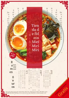 Anuncio del popular menú de una tienda de fideos tradicional y sencilla, de color beige y rojo.