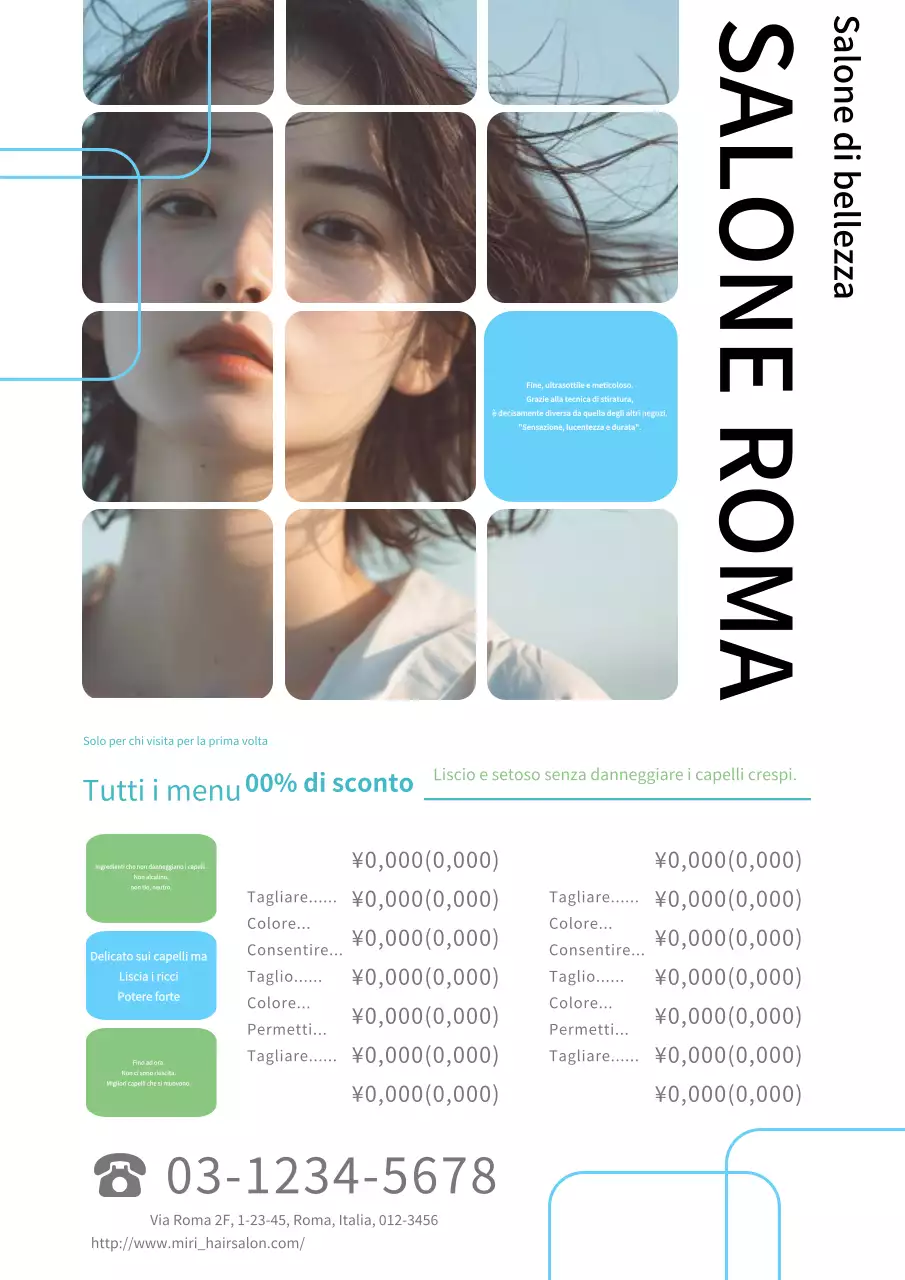 Pubblicità semplice e moderna di un salone di parrucchieri in bianco e blu